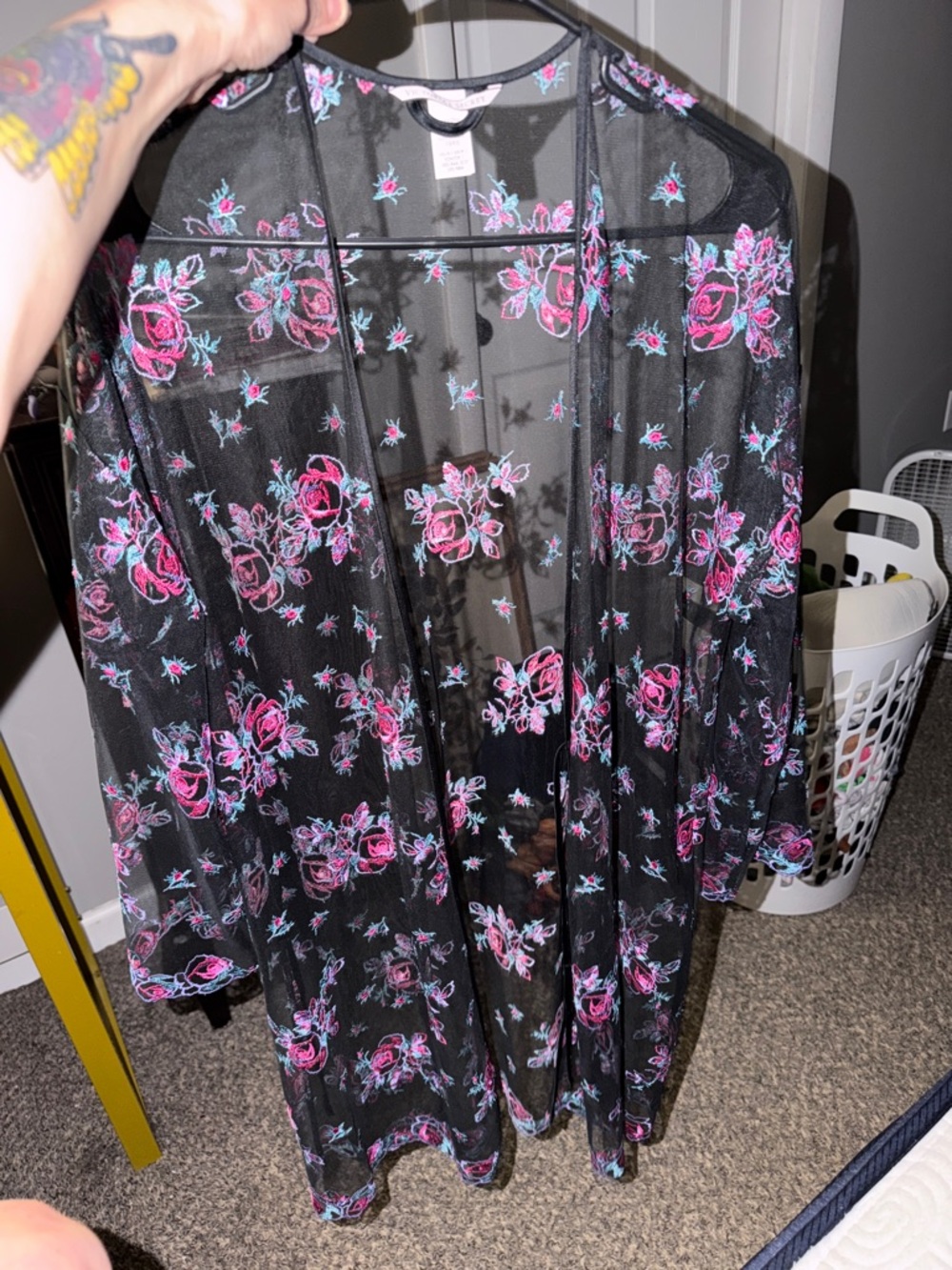 Victoria's Secret Black Sheer Floral Robe with Pink and Teal Roses